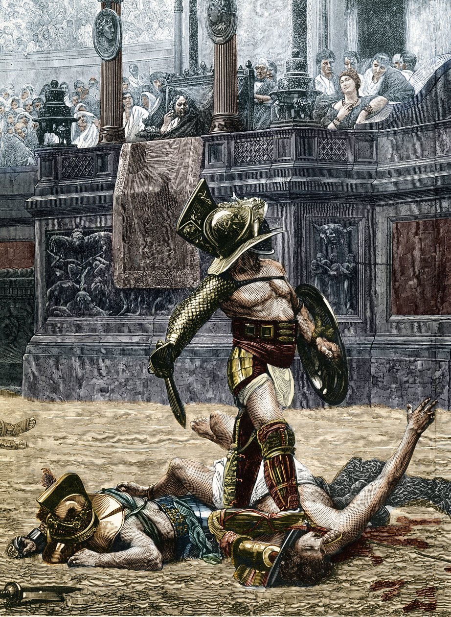 Roma Arenasında Gladyatörler. Seyirciler, kazananı yendiği rakibini esirgememesi ve onu ölüme terk etmesi konusunda uyarıyor. Jean Leon (Jean-Leon) Gerome (1824-1904) tarafından yapılan resmin bir detayından sonraki gravür by Jean Leon (after) Gerome