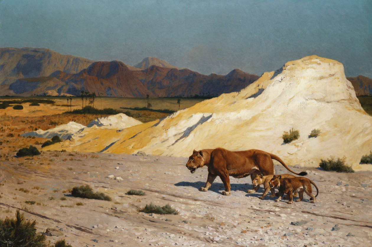 Aslan ve Yavrular; dişi aslan ve Lioceaux, by Jean Leon Gerome