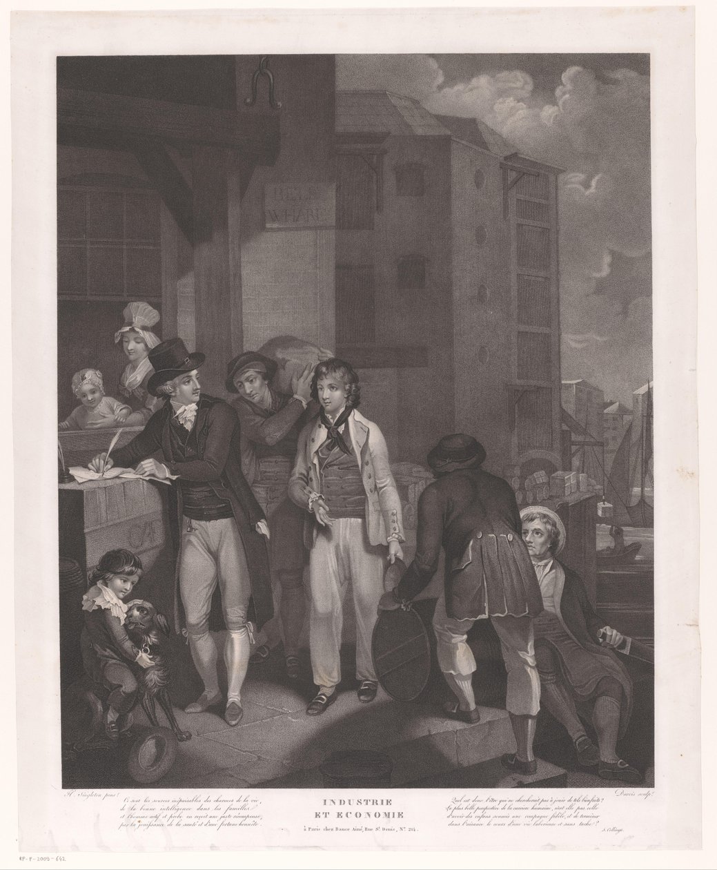 Limandaki bir deponun önündeki rakamlar grubu Endüstri ve Ekonomi (nesne üzerindeki başlık) by Jean Louis Darcis