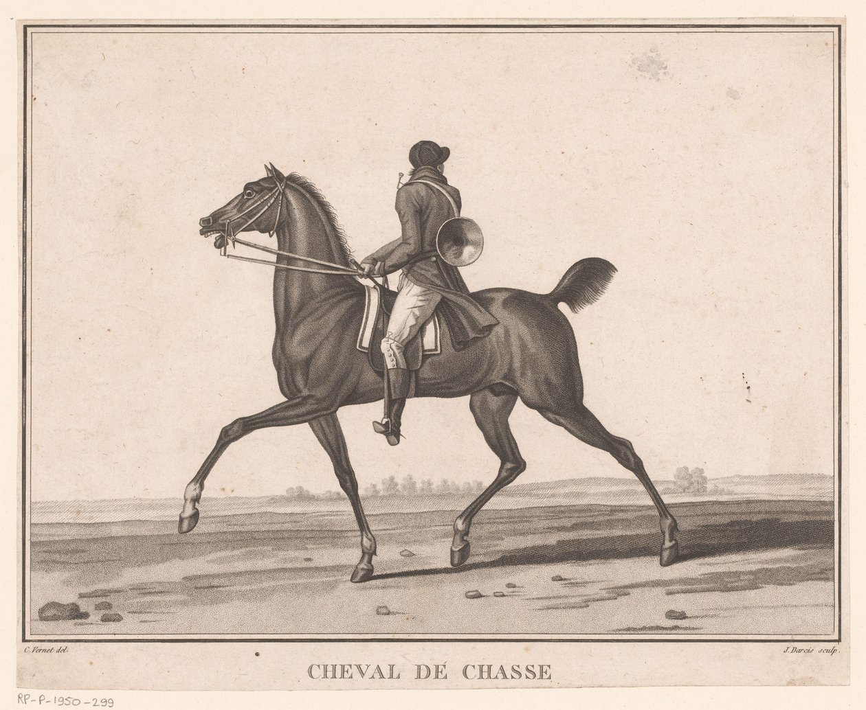 Av boynuzu ile at sırtında binici Cheval de Chasse (nesne üzerindeki başlık) Sujets de chevaux (dizi adı) by Jean Louis Darcis