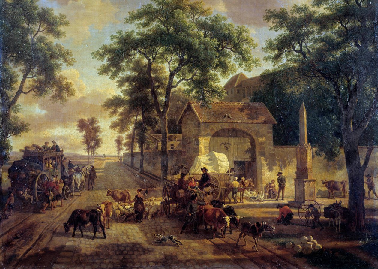 Köylüler, sürüler ve çobanlarla dolu bir Peyzaj yolu. Jean Louis Demarne (1744-1829) 19. yüzyıl tablosu. karartmak 0,5x0,61 m. by Jean Louis Demarne