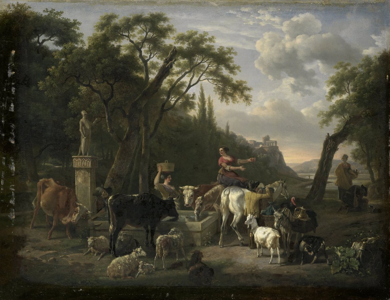 Bir Çeşmede Çobanlar ve Hayvanlarla İtalyan Manzarası by Jean Louis Demarne