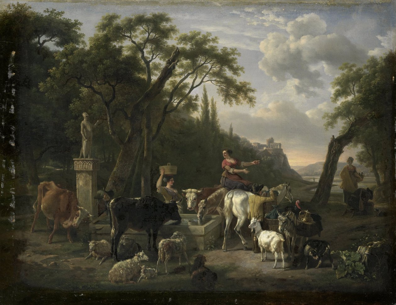 Çeşme Başında Çobanlar ve Hayvanlarla İtalyan Manzarası by Jean Louis Demarne