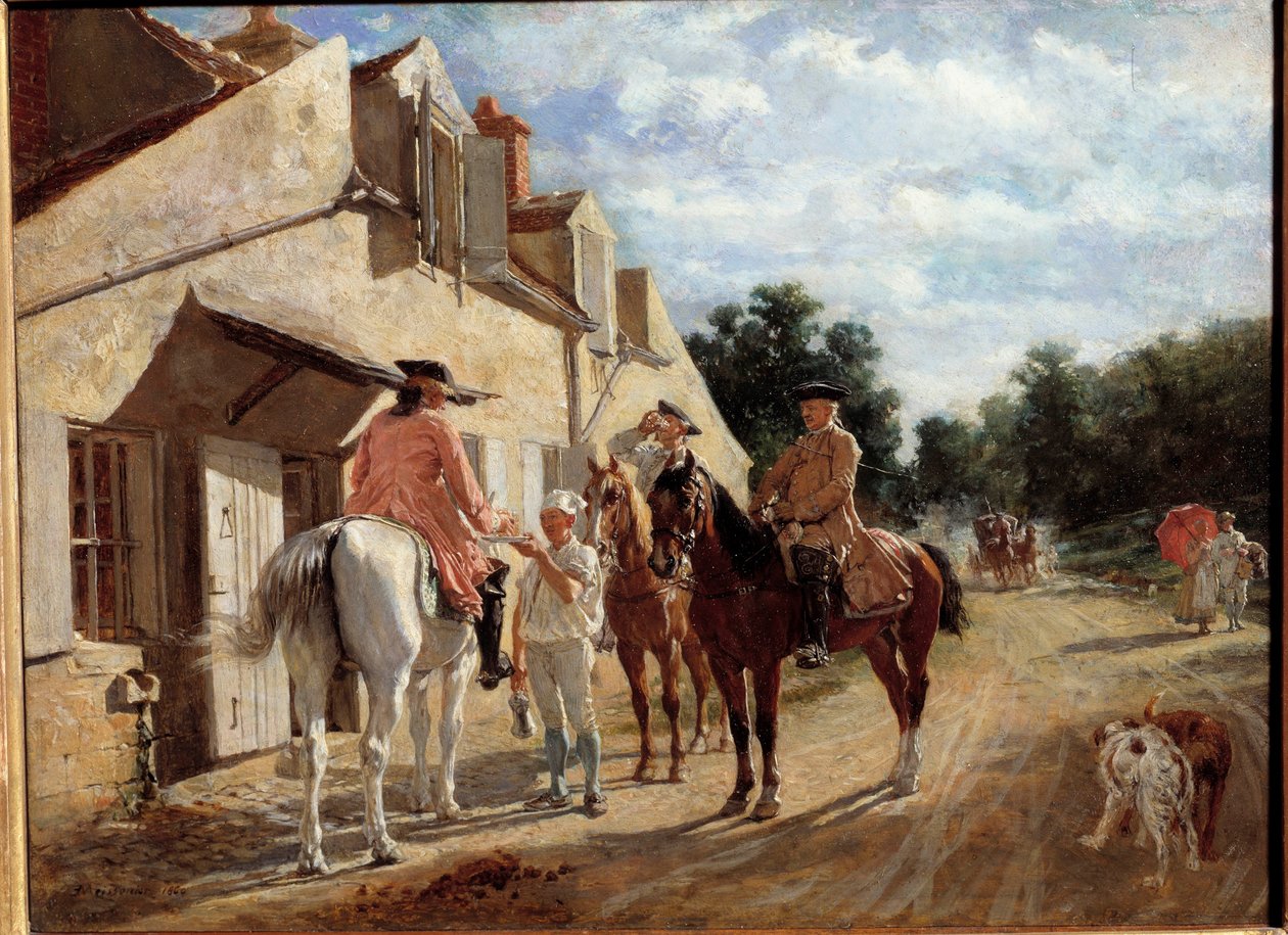 Tournebride en bois de Saint-Germain olarak da bilinen Au Tourne-bride, Saint Germain en Laye ormanında bir bayrak yarışında mola veriyor. Tablo Jean-Louis-Ernest Meissonier (1815-1891) 1860. Güneş 0,17x0,23 m Paris, musee d