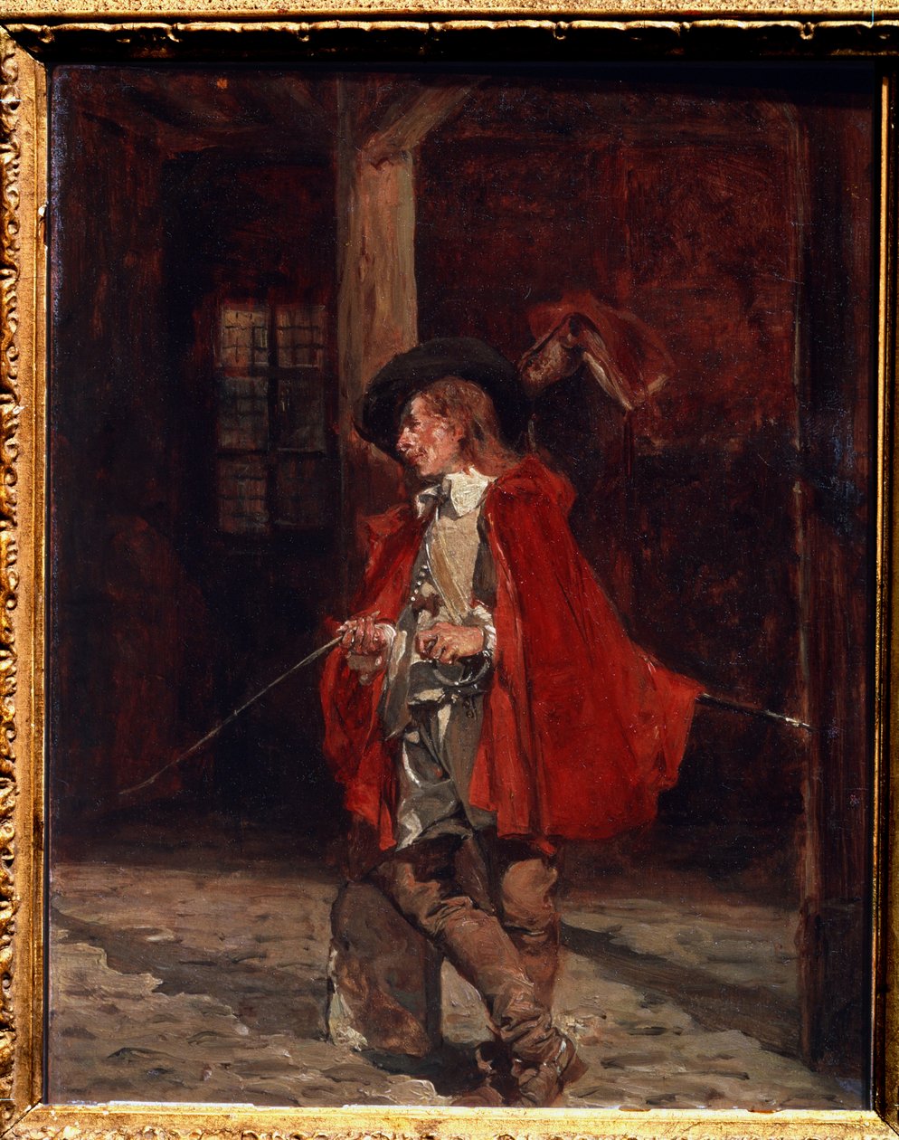 ""Kırmızı pelerinli Le swashbuckler" (kırmızı pelerinli Swashbuckler) bir silahşörün temsili, kılıç düellolarını seven, kayıtsızca bir direğe yaslanmış. Ernest Jean Louis Meissonier (1815-1891) tarafından yapılan resim 19. yüzyıl Puşkin Müzesi, Moskova by Jean Louis Ernest Meissonier