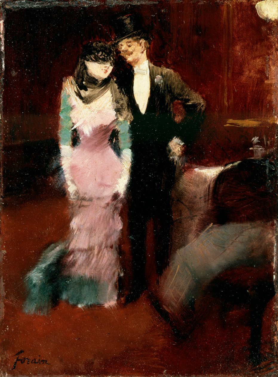 19. yüzyılın sonlarında veya 20. yüzyılın başlarında Paris Operasında bir Maskeli Balo Balosu bırakmak. by Jean Louis Forain