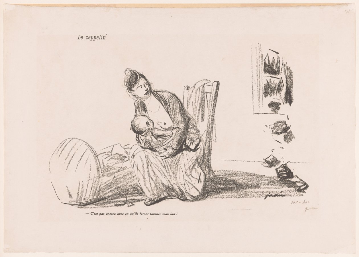 Pencereler kırılırken emziren kadın Le zeppelin (nesnedeki başlık) by Jean Louis Forain