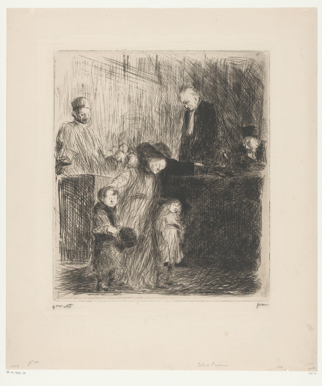 İki küçük çocuğu olan kadın mahkeme salonunu terk edebilir by Jean Louis Forain