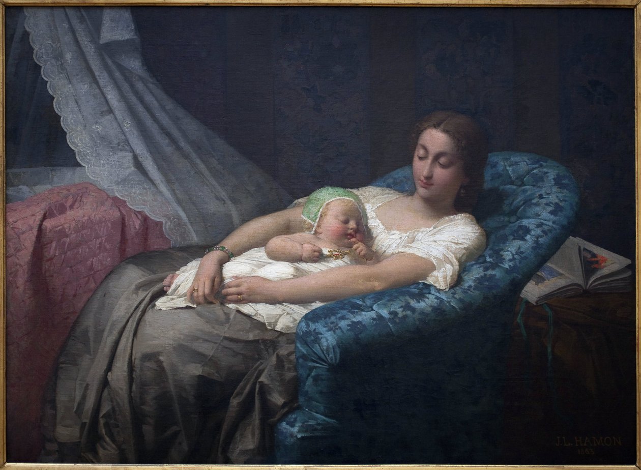 Genç anne. Jean Louis Hamon (1821-1874), Tuval Üzeri Yağlıboya Tablo by Jean Louis Hamon
