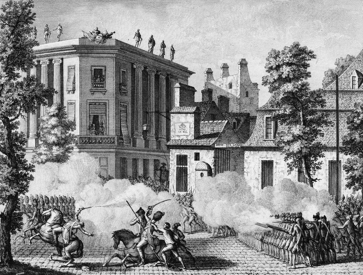 Fransız Devrimi: Alman Kraliyet ve Fransız Muhafızları arasında 12 Temmuz'da Fransız Muhafızları deposu önünde eylem by Jean Louis II (after) Prieur