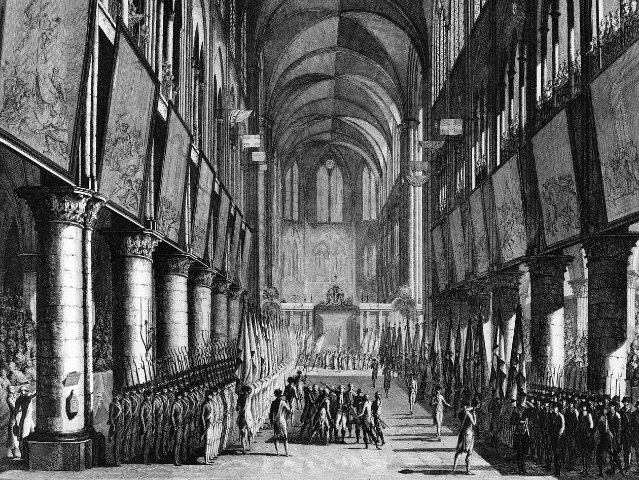 Fransız Devrimi: Ulusal Muhafız bayraklarının Monsenyör Juigne tarafından 27 Eylül'de Notre Dame Kilisesi'nde kutlanması by Jean Louis II (after) Prieur