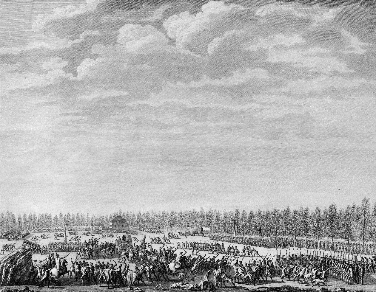 Fransız Devrimi: Gilbert du Motier, Marquis de la Fayette (1757-1834), 12 Ocak 1790'da Paris'teki Champs Elysees'de disiplinsizlik nedeniyle iki yüz askeri silahsızlandırdı. Prior'dan sonra Berthaut tarafından gravür. Paris, R Tarih Enstitü by Jean Louis II (after) Prieur