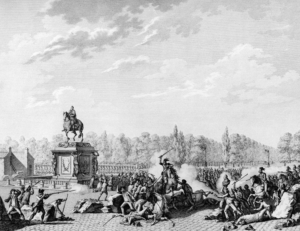 Fransız Devrimi: Place Louis XV, Lambesc Prensi Charles Eugene de Lorraine'in (1754-1825) ejderhaları, 12 Temmuz 1789'da Jacques Necker (1732-1804) ve Orleans Dükü'nün büstlerini taşıyan bir korteja yükledi. Berthaut tarafından gravür Prior' by Jean Louis II (after) Prieur