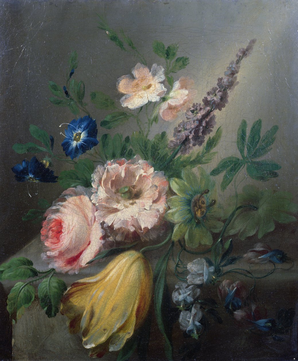 Natürmort güller, çarkıfelek çiçekleri, bir lale ve taş bir çıkıntıdaki diğer çiçekler by Jean Louis Prevost