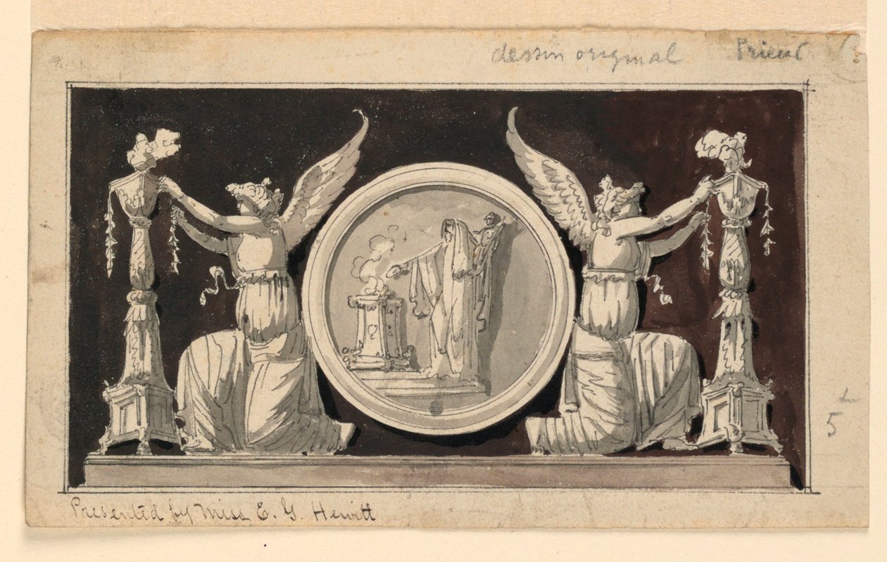 Dekoratif Pano: Şamdanı Süsleyen İki Zafer Arasında Kurban Sahneli Madalyon by Jean Louis Prieur the Younger