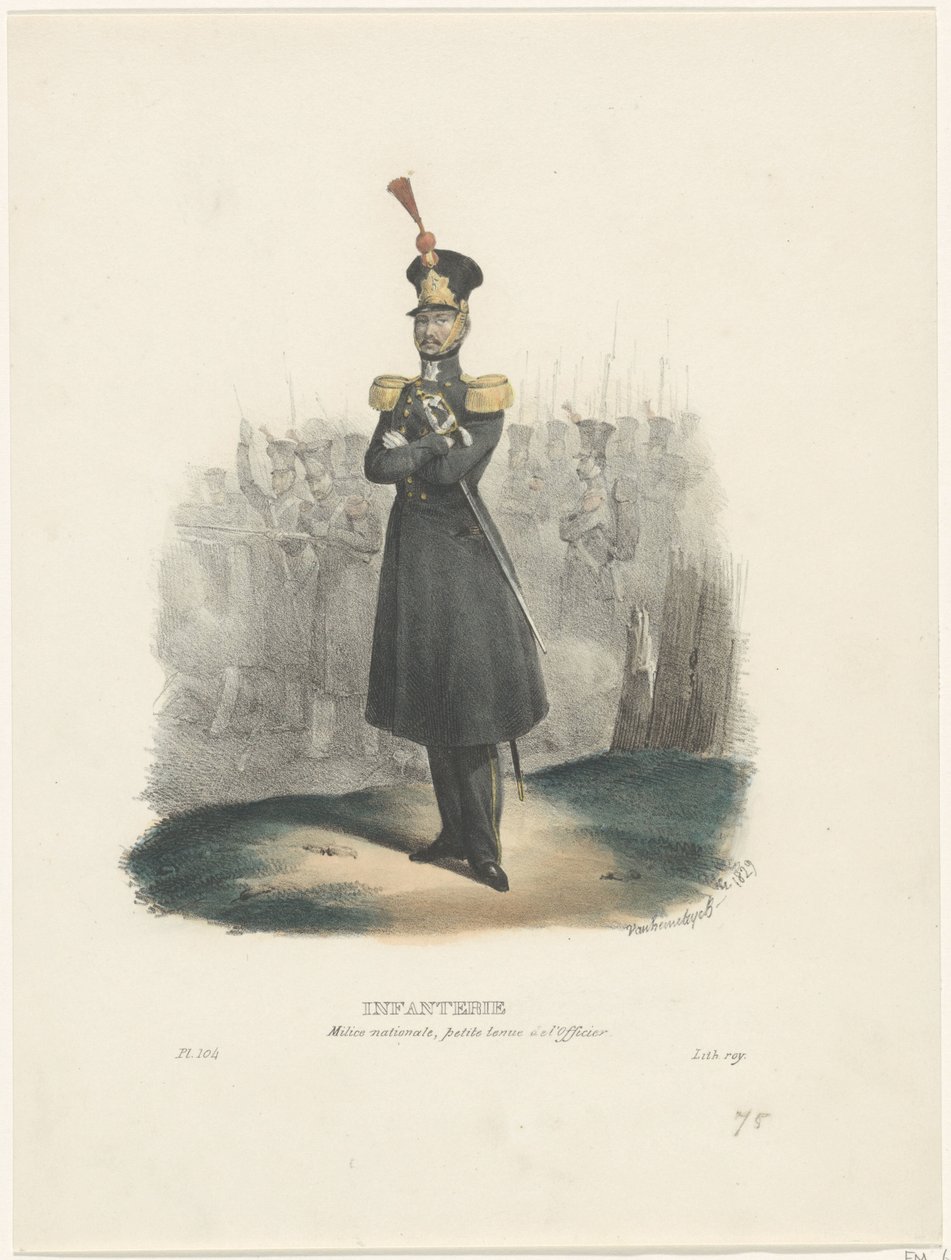 Ulusal Milis Görevlisi, 1829 Piyade / Ulusal Milis, Subayın soyunması (nesne üzerindeki başlık) Belçika kostümleri: eski ve modern, askeri, sivil ve dini, 1830 (seri başlığı) by Jean Louis Van Hemelryck