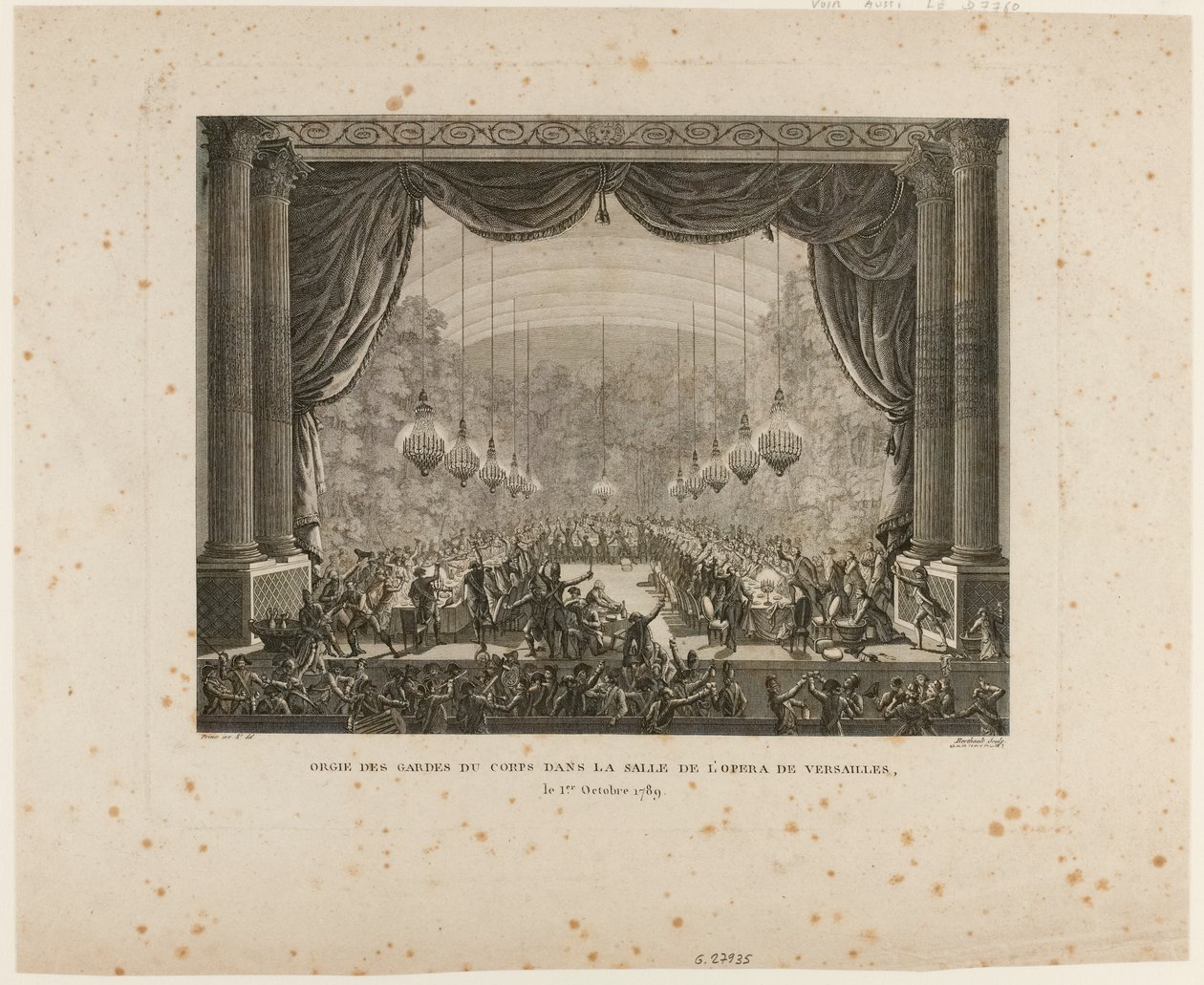 Korumaların, Flanders alaylarının, Montmorency ejderhalarının ve Versailles Ulusal Muhafızlarının Bayramı. Ulusal Kokart#39;ı çiğneyerek, quot;Aristokrat Konfederasyonuquot;nun bir işareti olan siyah kokartı sergiliyorlar by Jean Louis the Younger Prieur