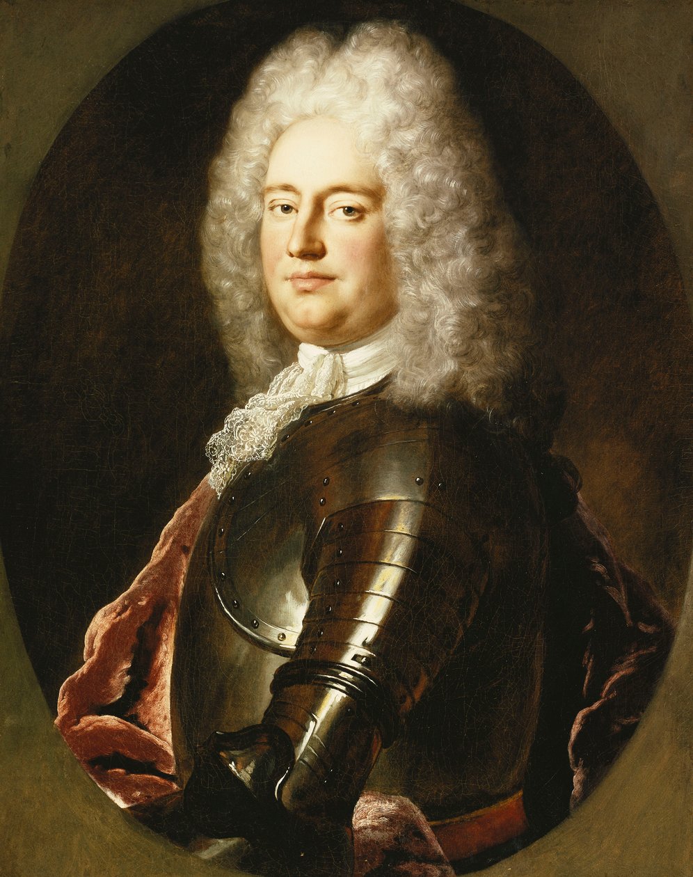 Bir Beyefendinin Portresi, Yarım Boy, Zırhlı, Beyaz Jabot ve Kızıl Şal, Boyalı Oval, by Jean Marc Nattier