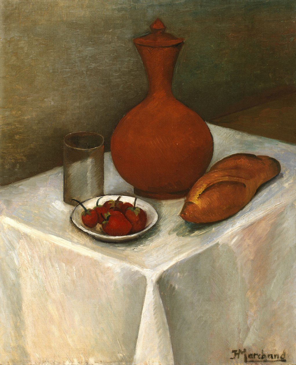 Toprak Sürahi, Somun ve Çilek ile Natürmort by Jean Marchand