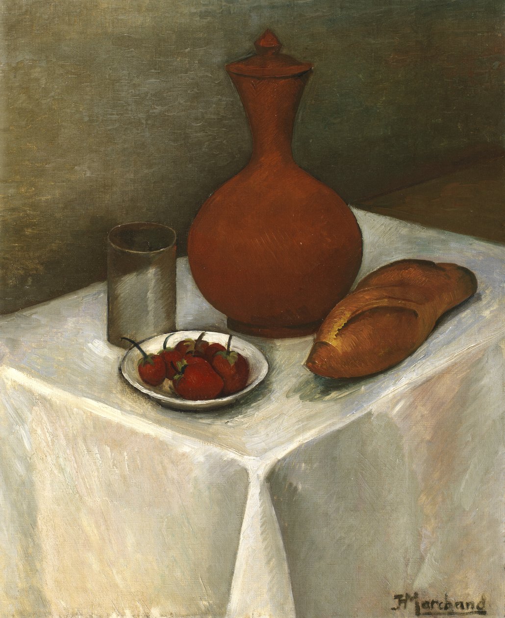 Toprak Sürahi, Somun ve Çilek ile Natürmort by Jean Marchand