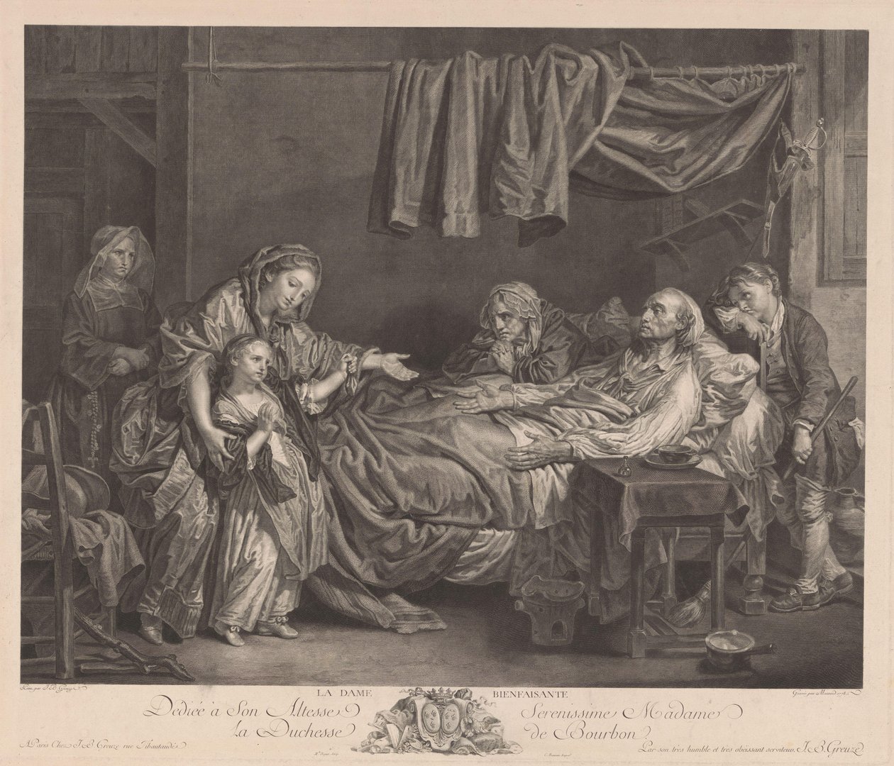 Hasta bir yatak etrafında aile La Dame Bienfaisante (nesne üzerindeki başlık) by Jean Massard