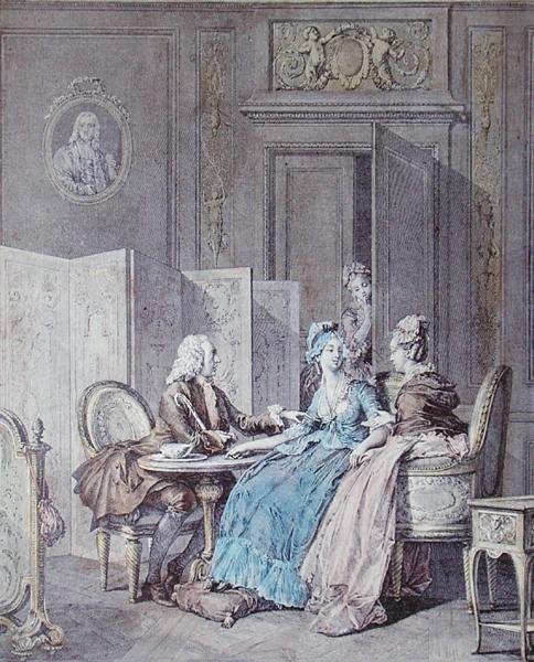 Hamilelik Bildirgesi, 18. yüzyılın 2. yarısı, Pietro Antonio Martini (1739-97) tarafından oyulmuş (renkli gravür) (ayrıca bkz. 19554) by Jean Michel the Younger (after) Moreau