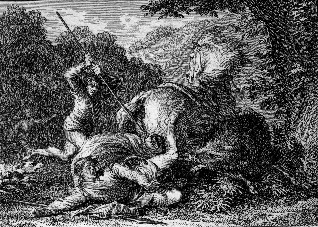 Carloman II (867-884) bir av oyununda (884) öldü. Bir yaban domuzu tarafından kralın saldırısına yardım etmek isteyen bir hizmetçi, yanlışlıkla casusunu uyluğuna sokar. Jean Michel Moreau