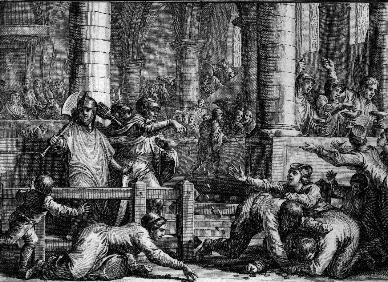 Fransa, Karolenj dönemi: genel kurs (yılda iki kez kutlama şenliği). Askerler insanlara bozuk para atar, Jean Michel Moreau tarafından gravür, dit Moreau le Jeune (1741-1814) by Jean Michel the Younger Moreau