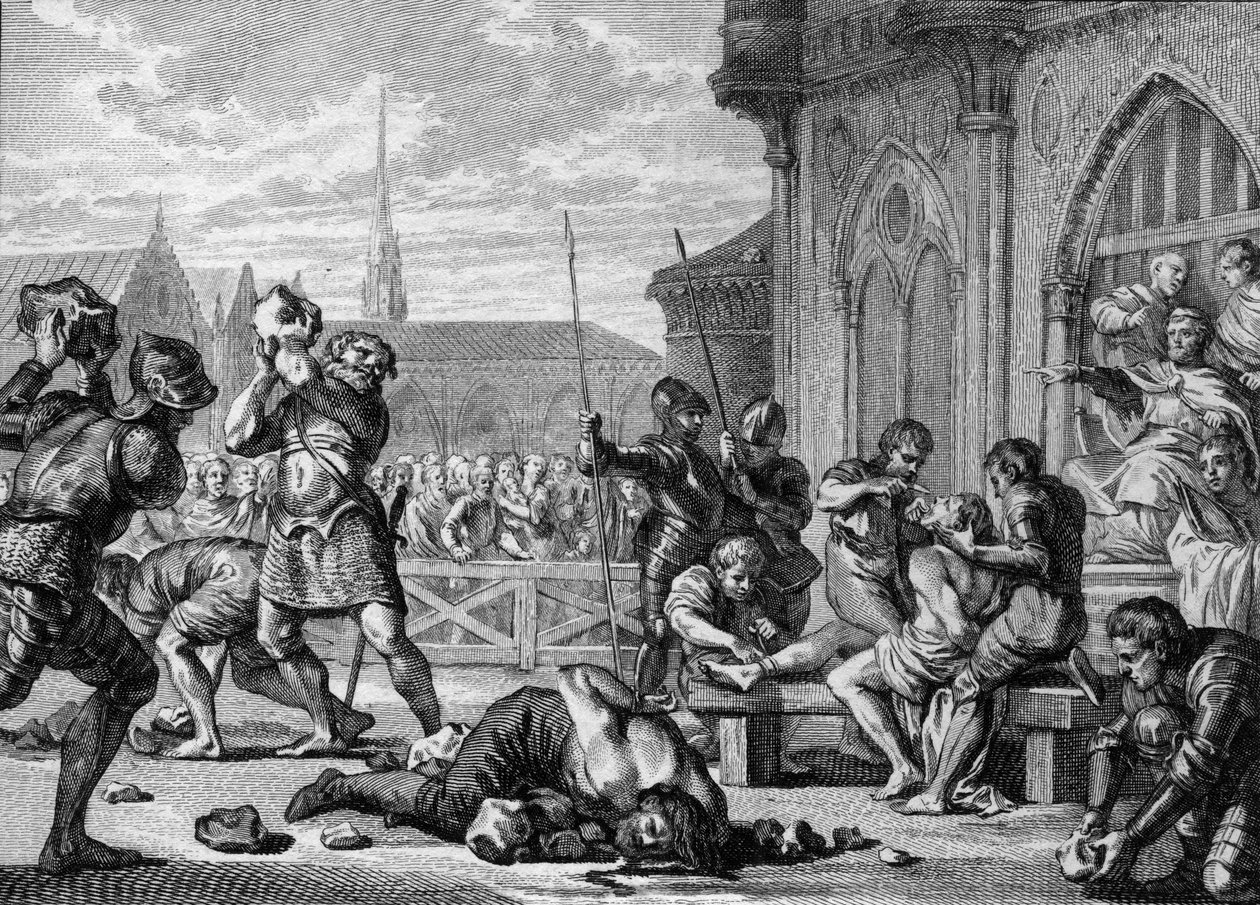 Saint Leger Şehidi ve Kont Guarin, 675: sağda eveque Saint Leger (616-675), dili ve dudakları kesilmiş. Kardeşi Kont Guarin (solda) taşlandı. Jean Michel Moreau