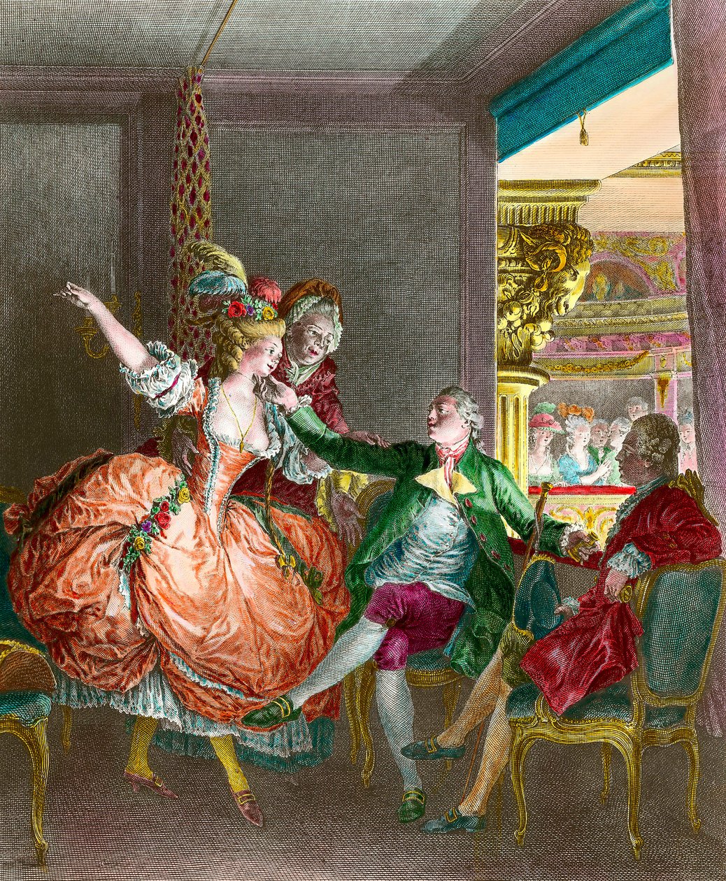 Fuhuş: “” Tiyatrodaki sunum””” Genç bir kadın çöpçatan aracılığıyla bir beyefendiye sunuluyor. Moreau le Jeune (1741-1814) tarafından yapılan gravür. 19. yüzyıl. Özel koleksiyon by Jean Michel the Younger Moreau