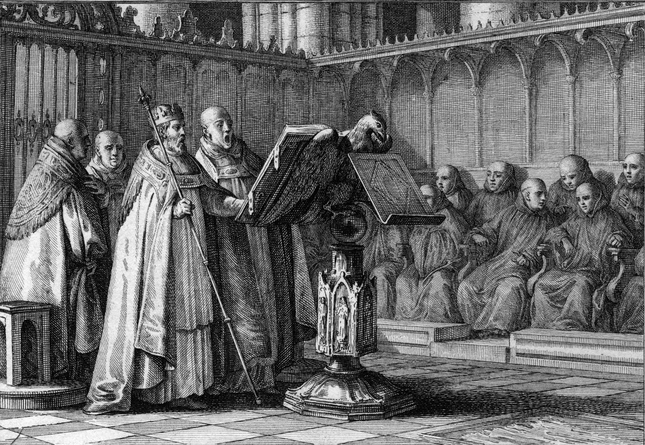 Dindar II. Robert (970-1031), Frankların Kralı, bir kürsü önünde bir dini ayinde şarkı söylüyor. Tacını giyer ve asasını tutar. Jean Michel Moreau