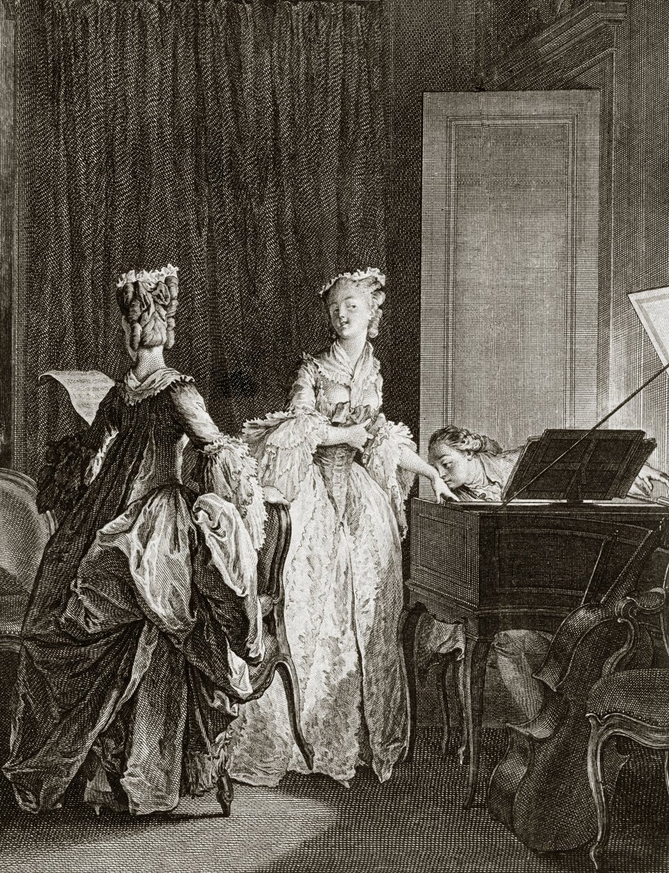 Saint Preux ve Claire, İsviçreli filozof Jean Jacques (Jean-Jacques) Rousseau (1712-1778) tarafından “Julie ou la nouvelle Heloise” deki klavsende - Moreau le jeune, Jean Michel (1741-1814) tarafından gravür (Saint -Preux, klavsene yerleşir, öper by Jean Michel the Younger Moreau