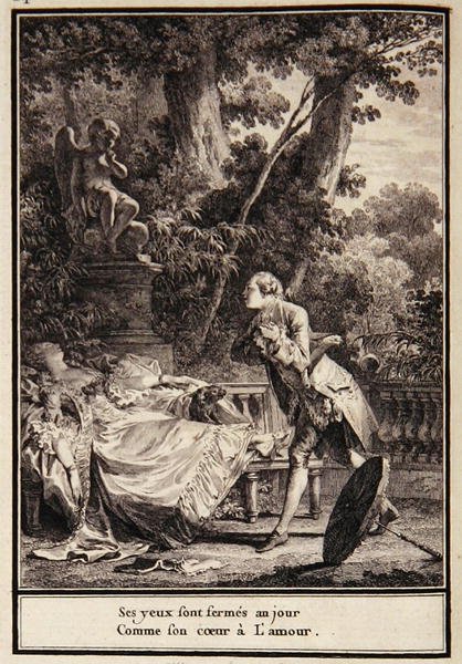 "Kalbinde aşk olduğu için gözleri güne kapalı", Laborde tarafından "Choix de Chansons"dan bir illüstrasyon by Jean Michel the Younger Moreau