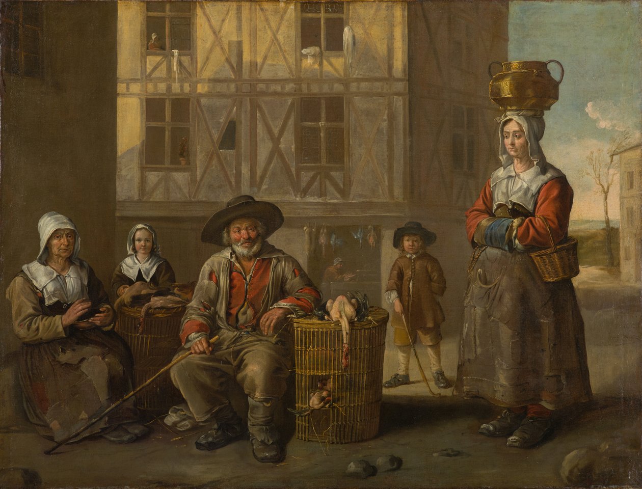 Bir Kanatlı Tüccarı ve Ellerini Isıtan Yaşlı Bir Kadın, yaklaşık 1652 (tuval üzerine yağlı boya) by Jean Michelin