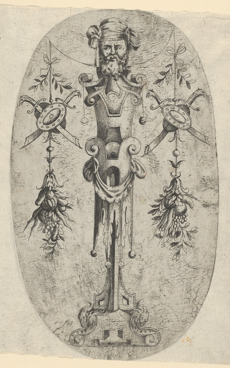 Erkek Uç Figürü, Üç Çeyrek Kayış Pede Üzerinde Sakallı ve Sarıklı Baş..., ca. 1543-45. by Jean Mignon