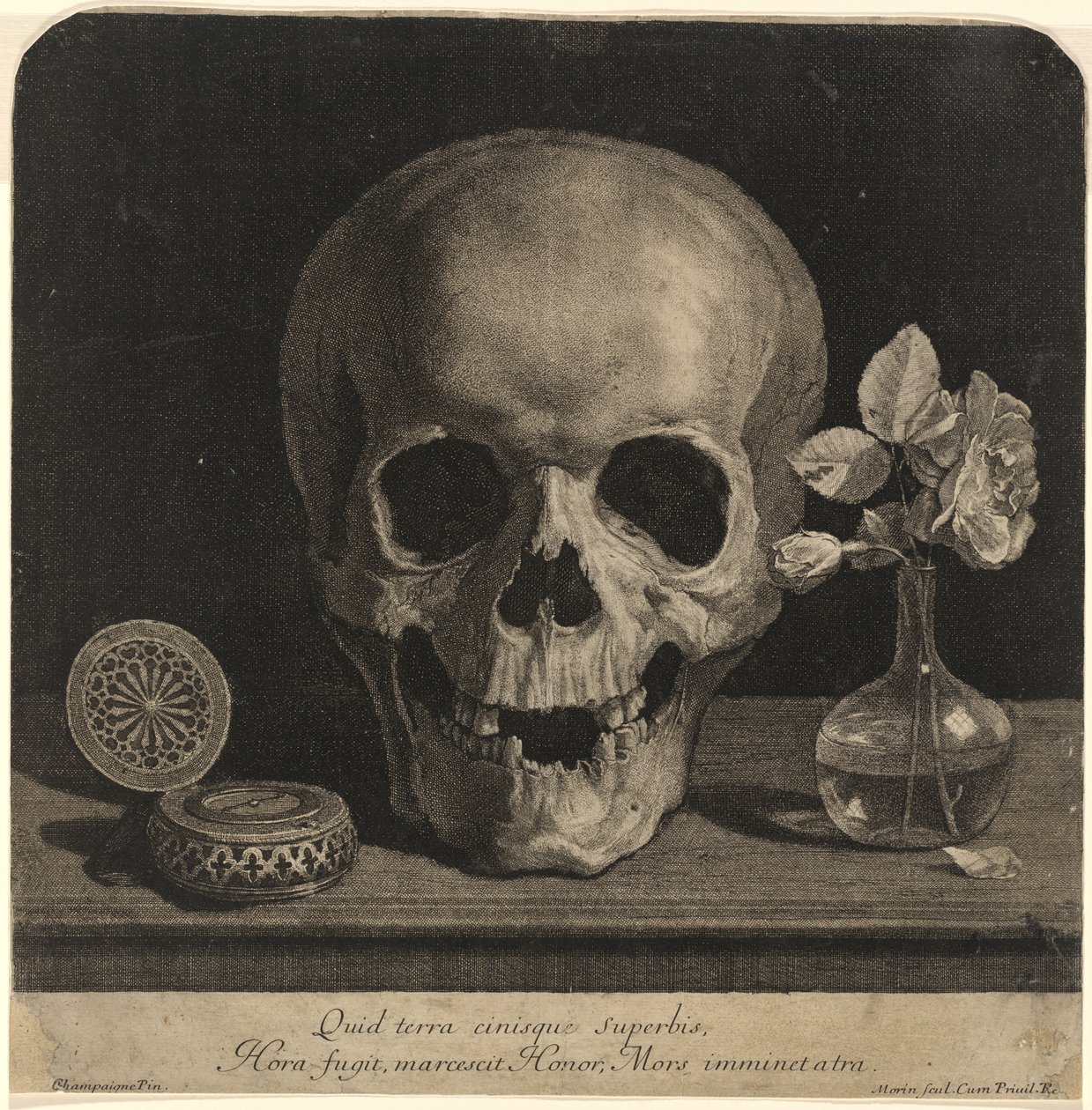 Kafatası ve Gül Vazolu Natürmort by Jean Morin, after Philippe de Champaigne