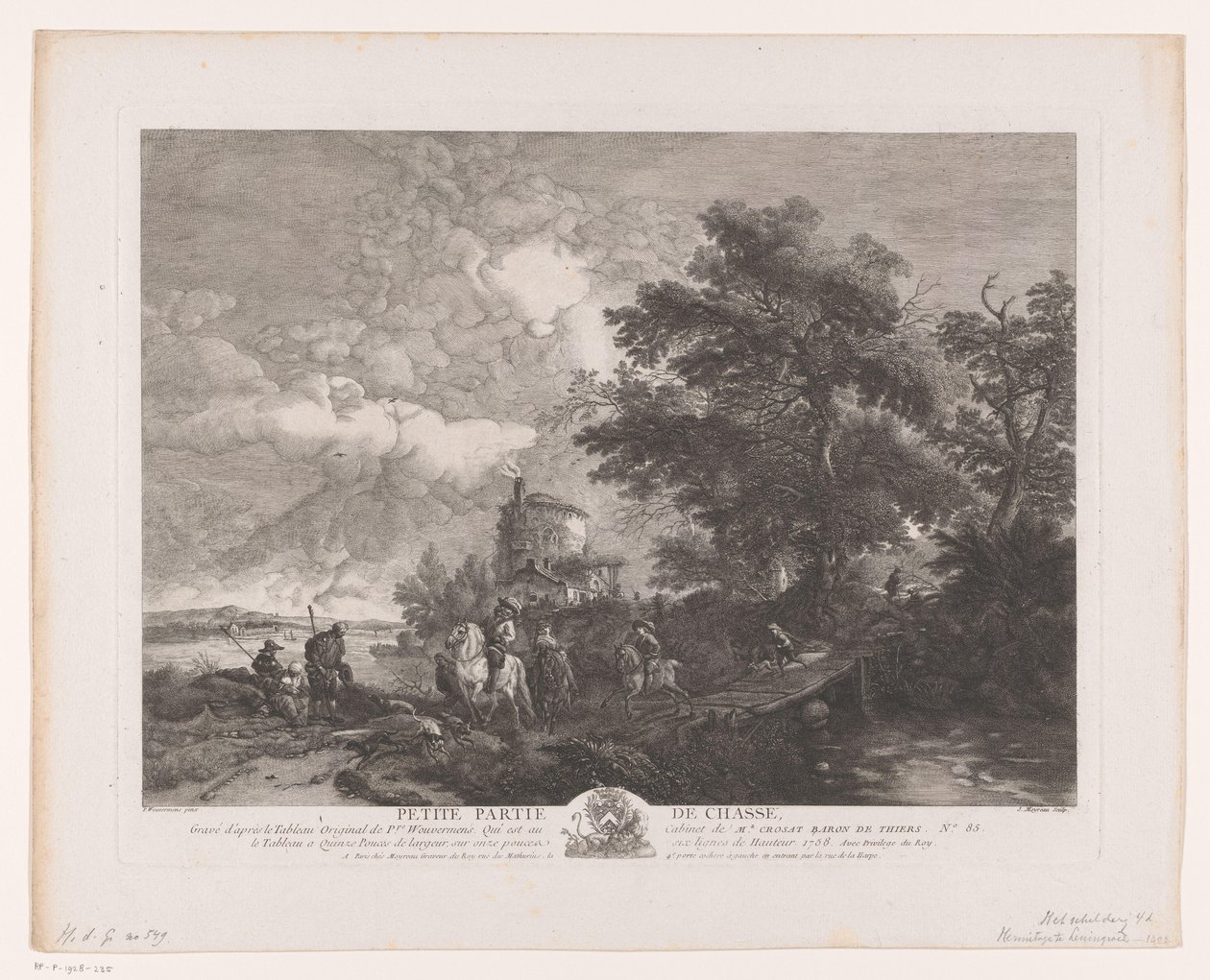 Petite Partie de Chasse köprüsü olan bir manzarada avcılık şirketi (nesne üzerindeki başlık) Philips Wouwerman'ın tablolarından sonraki baskılar (seri başlığı) Oeuvres de Ph.pe Wouwermans Hollandois (seri başlığı) by Jean Moyreau