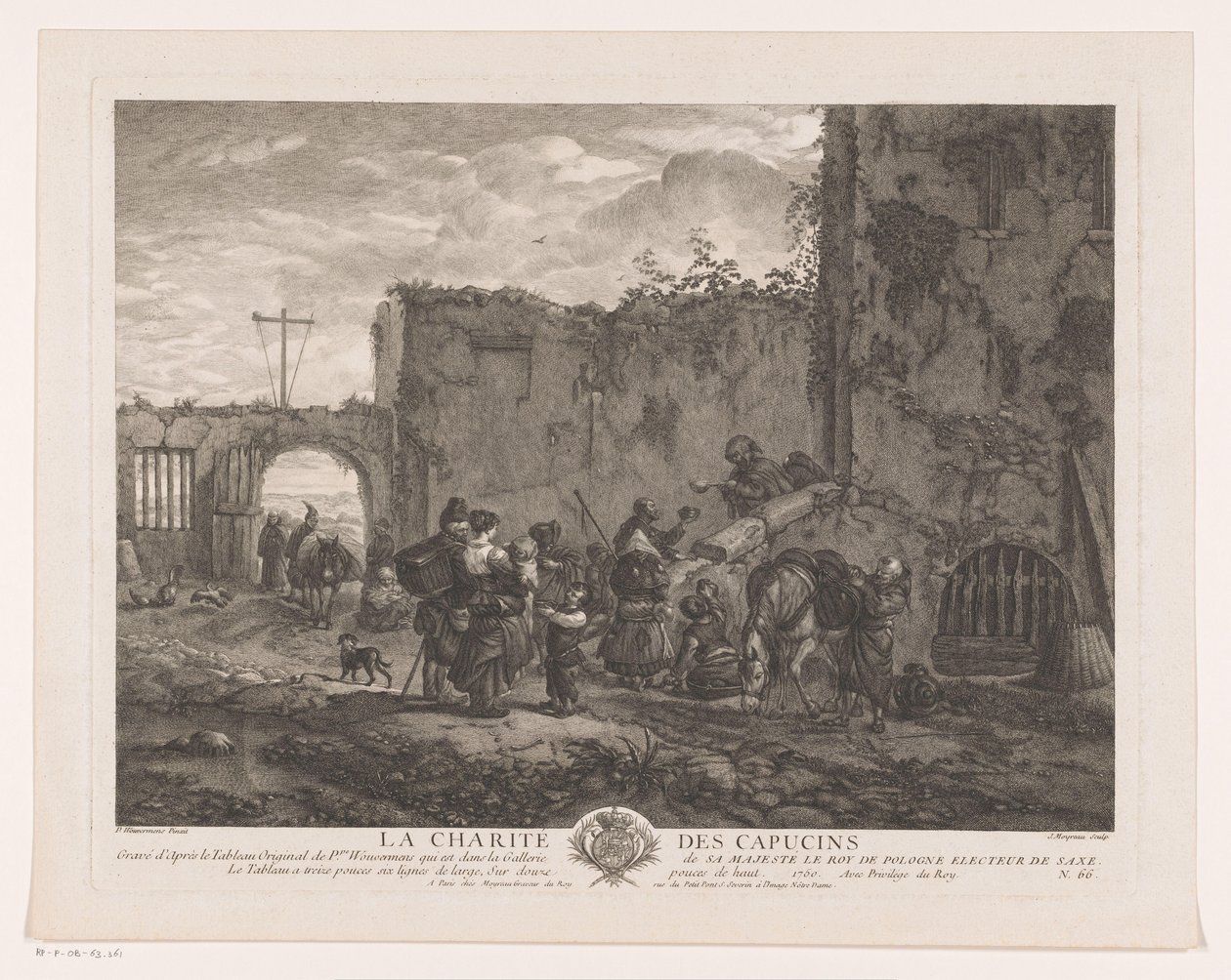 Rahipler avluda hacılara yiyecek dağıtıyor La Charité des Capucins (nesne üzerindeki başlık) Philips Wouwerman