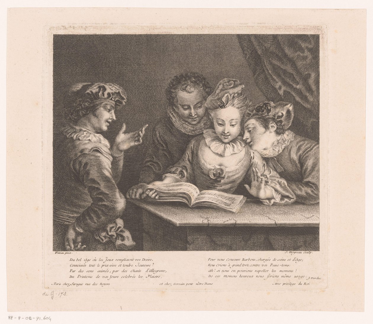 Bir masada şarkı söyleyen genç kadın ve üç genç adam Antoine Watteau