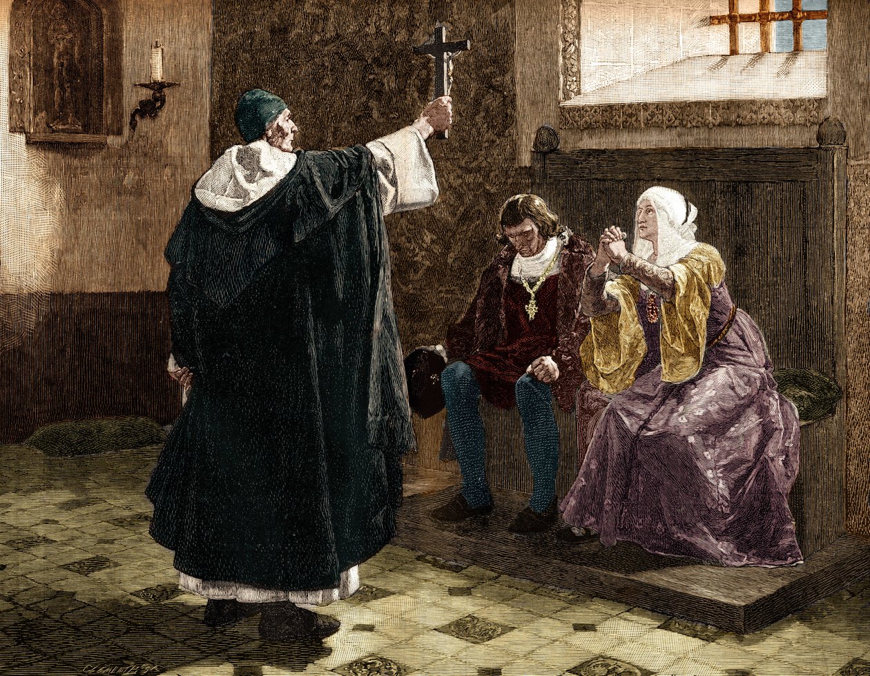 Büyük İspanyol engizisyon görevlisi Fray Tomas de Torquemada (1420-1498), Katolik krallar Ferdinand II ve Kastilyalı Isabella 1. arasında by Jean Paul (after) Laurens