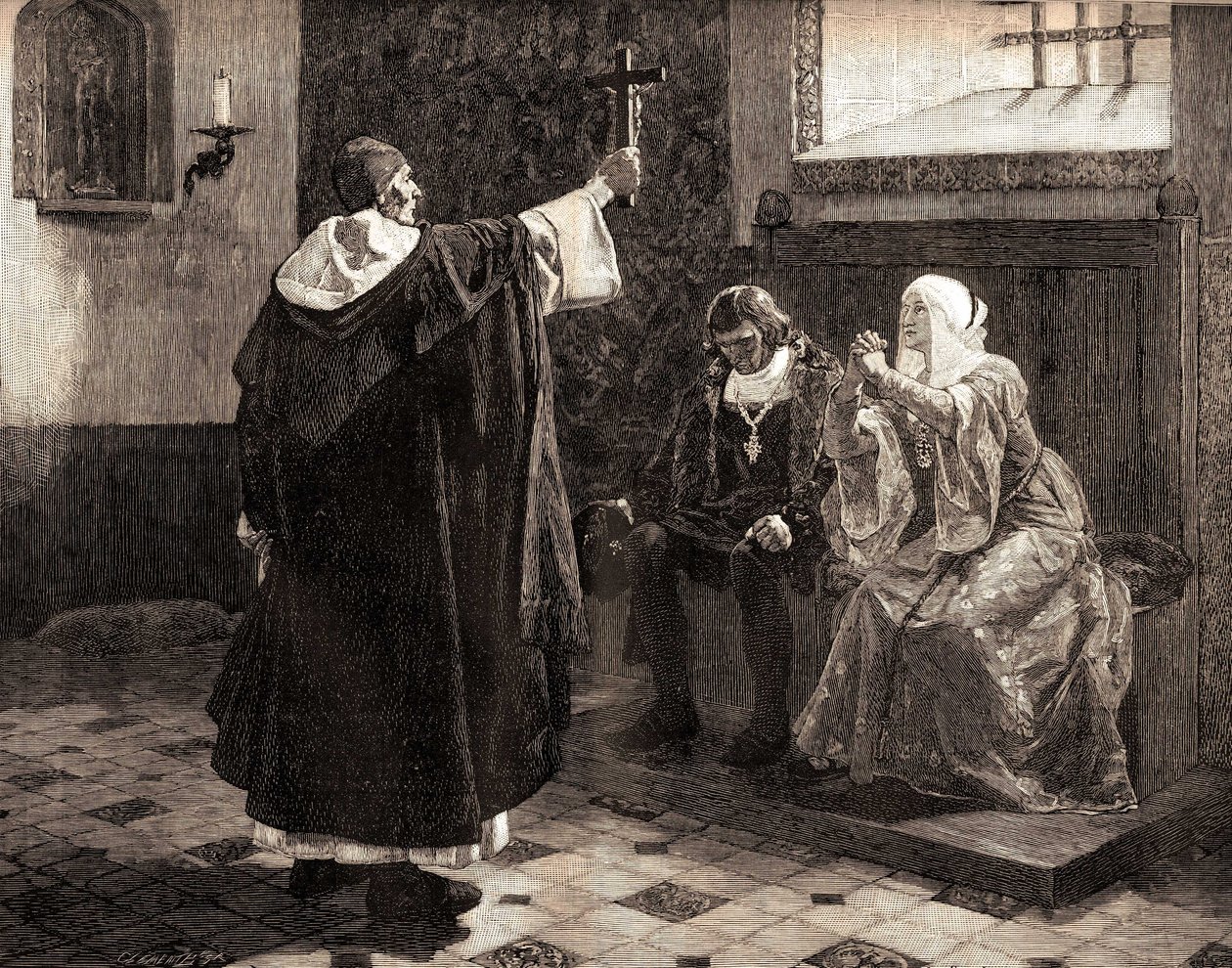 Büyük İspanyol engizisyon görevlisi Fray Tomas de Torquemada (1420-1498), Katolik krallar Aragon Kralı II. Ferdinand ve Kastilyalı Isabella arasında by Jean Paul (after) Laurens