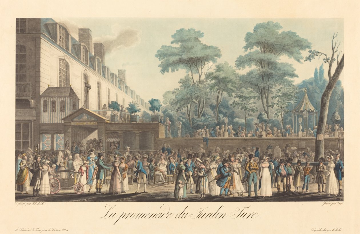 Türk bahçesinde yürüyüş by Jean Pierre Marie Jazet after Jean Joseph Bastier de Bez