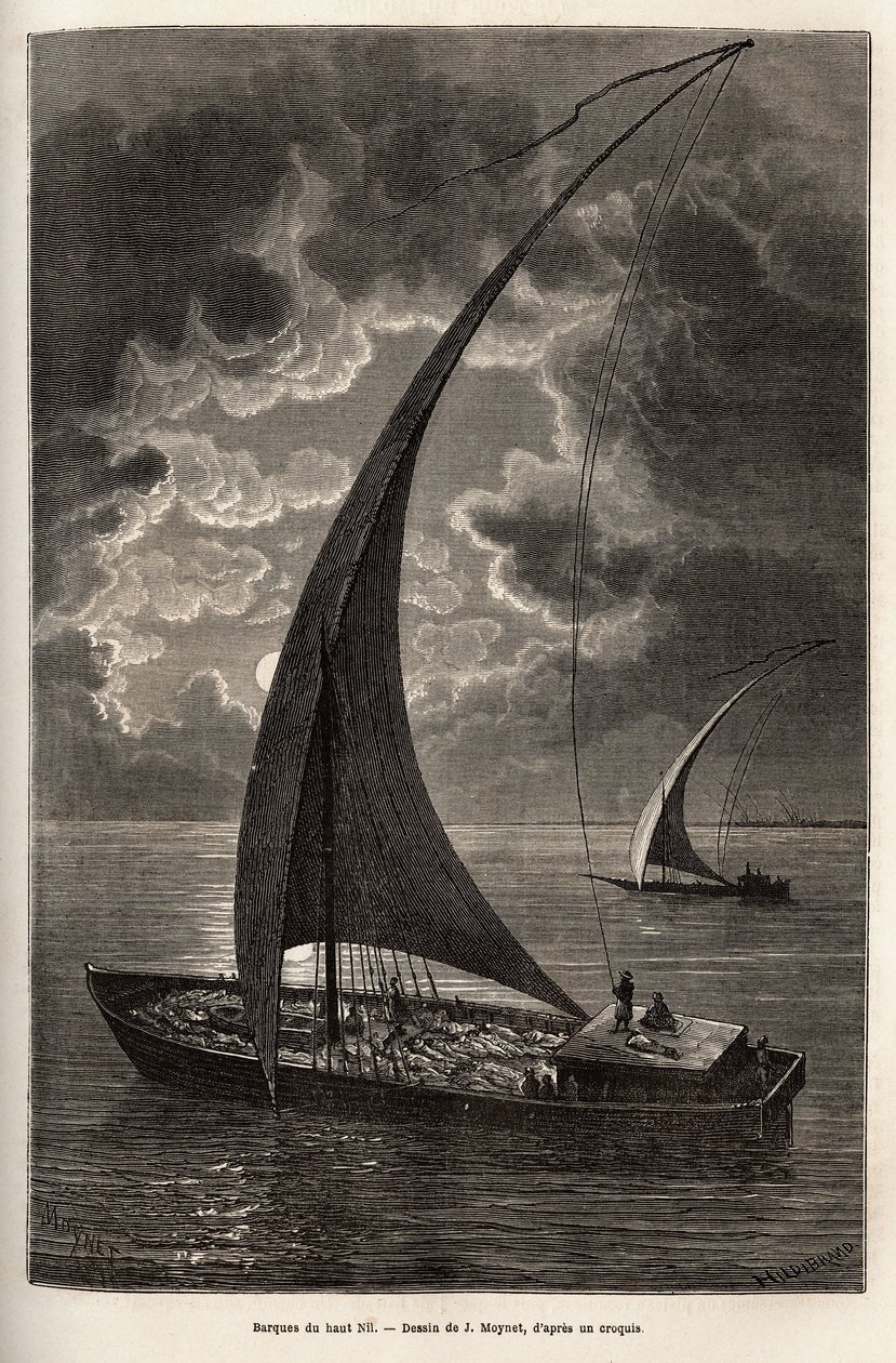 Les barques du haut Nile, mürettebat ve güvertede uyuyan yolcu sayısı, ay ışığında, J.Moynet