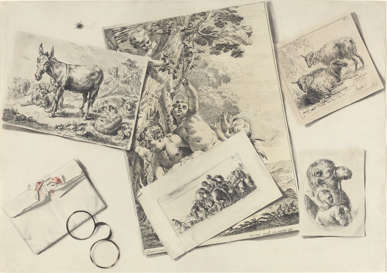 Trompe l'Oeil: Eski Baskılar, Boynuzlu Gözlüklü Yırtık Bir Zarf ve Bir Karasinek by Jean Pierre Xavier Bidauld after Various Artists