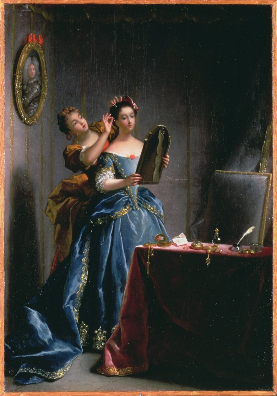 Tuvaletinde Bir Kadın (panelde yağ) by Jean Raoux