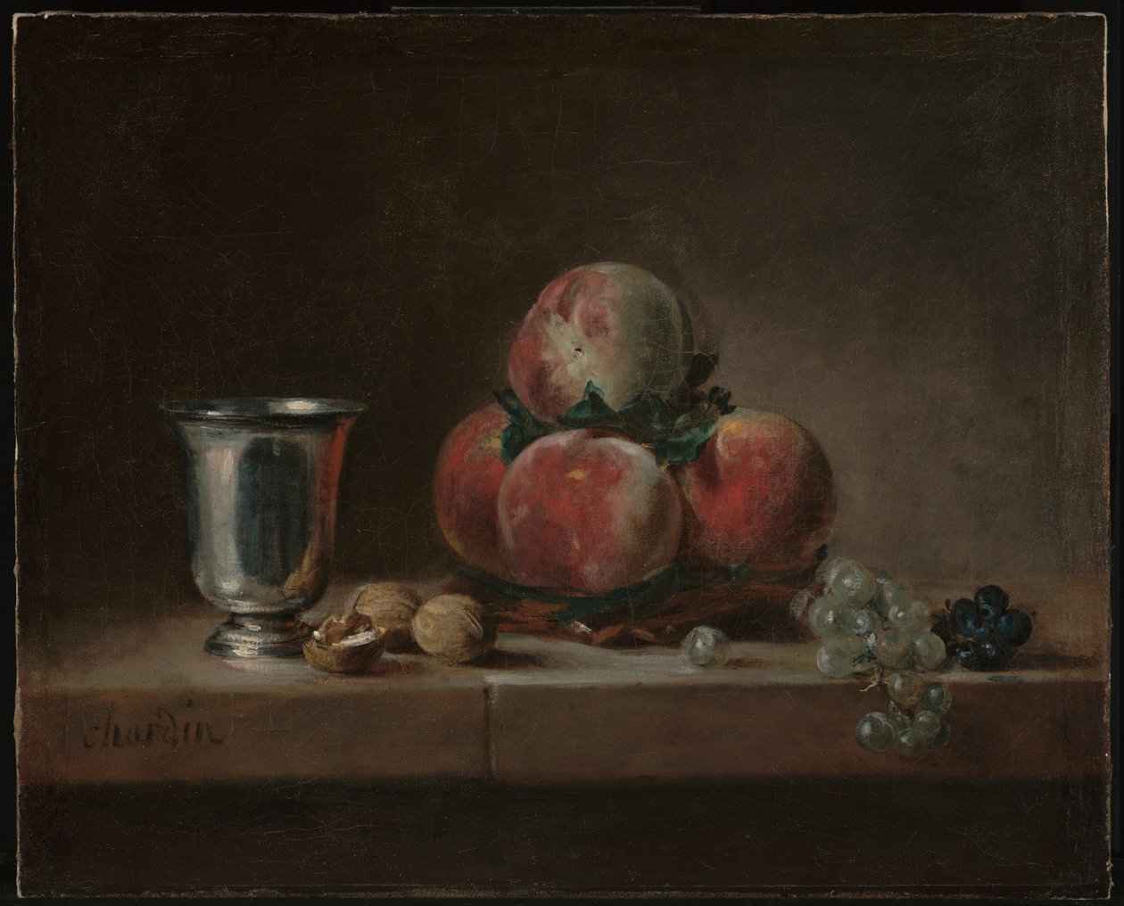 Şeftali, Gümüş Kadeh, Üzüm ve Cevizli Natürmort by Jean Baptiste Simeon Chardin
