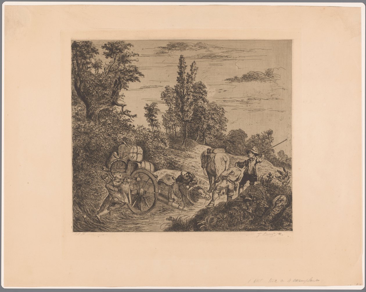 Bir grup erkek tarafından kenara çekilen suya sıkışmış bir araba ile manzara by Jean Théodore Joseph Linnig