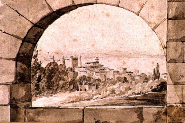 Bracciano Kasabası ve Gölü manzarası, c.1810 (kağıt üzerinde sepya yıkamalı kalem ve sepya mürekkebi) by Jean Thomas Thibault