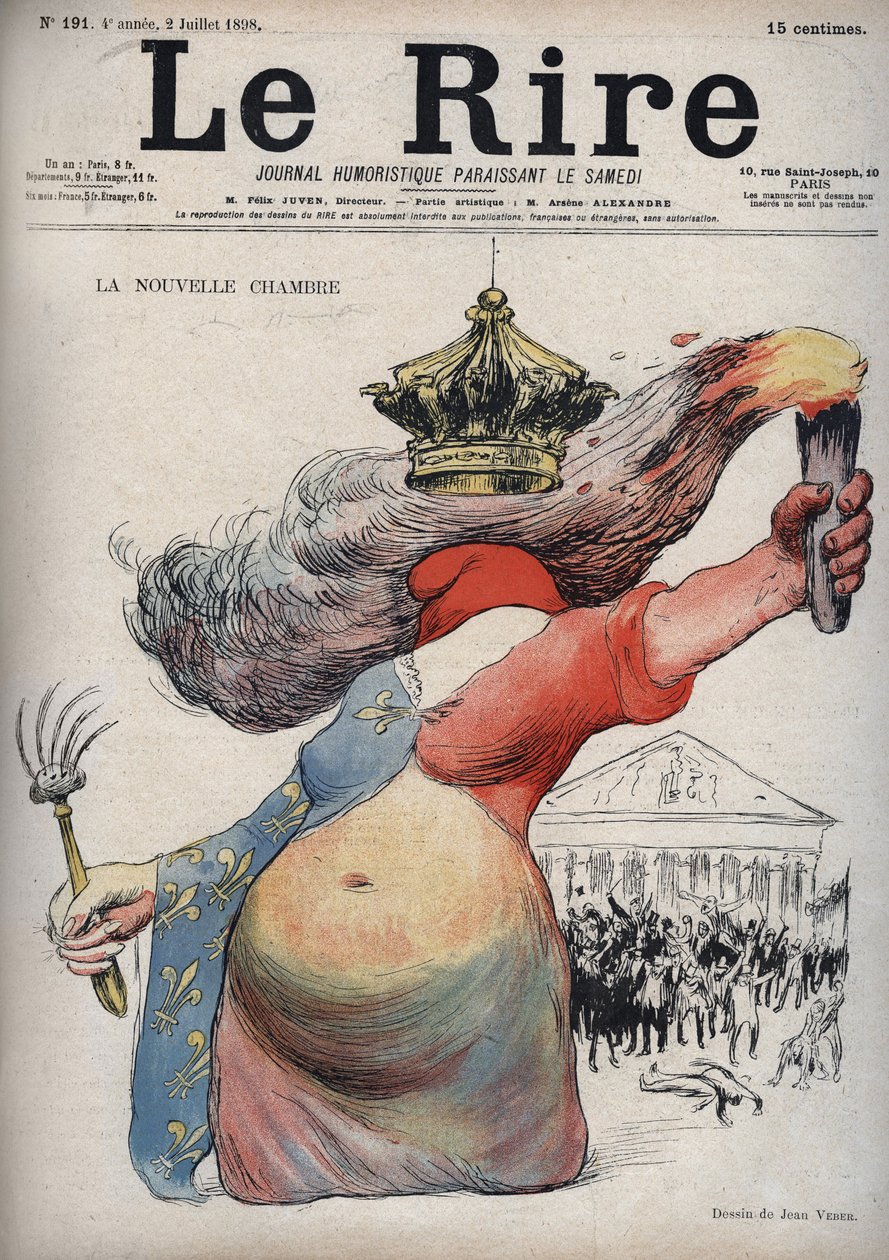 Yeni oda - Marianne, yüzü bir Frig şapkasıyla kapatılmış - Marianne iki parçalı bir elbise giymiş: bir kırmızı taraf ve diğer yan süs çiçeği - (Karikatür, cumhuriyetçiler ve monarşistler arasındaki siyasi bölünmeye atıfta bulunuyor) ) - çizim by Jean Veber