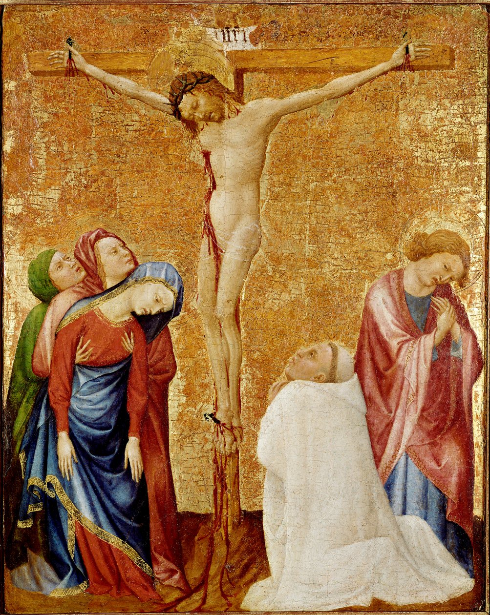 Carthusian keşiş için Calvary. Üç bakire ve Aziz John haçı çevreliyor. Bir Carthusian keşiş, İsa